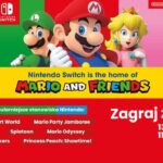 Postać Mario z gry Nintendo na tle Suwałki Plaza