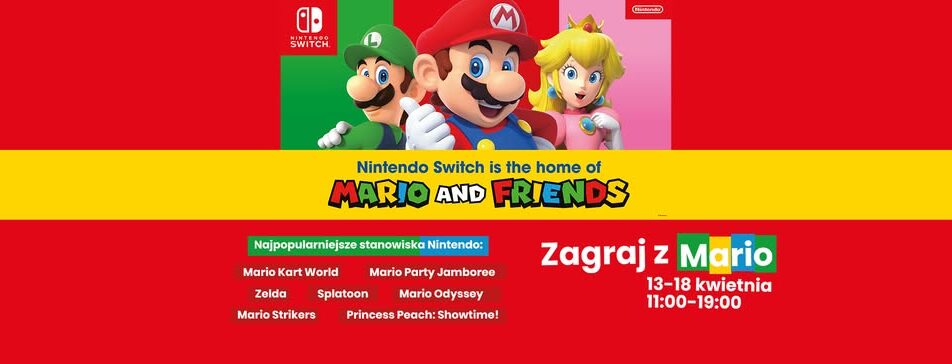 Postać Mario z gry Nintendo na tle Suwałki Plaza