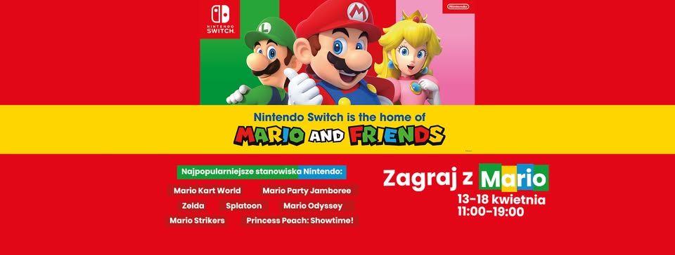 Postać Mario z gry Nintendo na tle Suwałki Plaza
