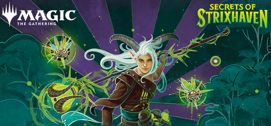 Logo Magic: The Gathering oraz oprawa graficzna dodatku Secrets of Strixhaven.