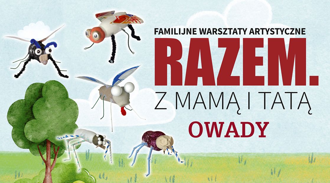 Dzieci i rodzice tworzą owady z materiałów recyklingowych na warsztatach.