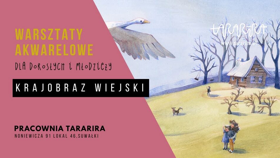 Uczestnicy warsztatów malują wiejski krajobraz akwarelami.