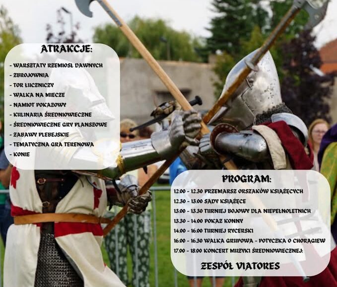 Uczestnicy turnieju w średniowiecznych strojach podczas walki na miecze.