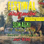 Plakat wydarzenia Festiwal Dinozaurów w Suwałkach z motywem dinozaurów