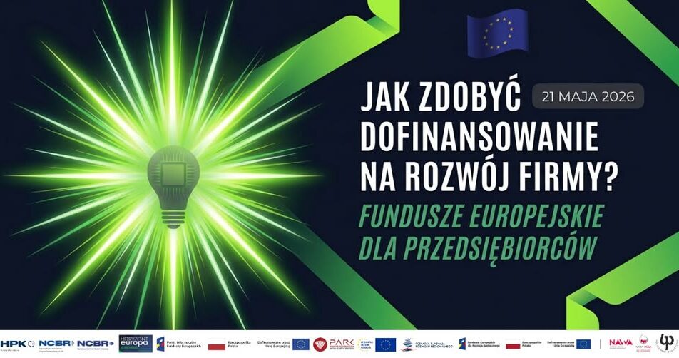 Plakat wydarzenia o Funduszach Europejskich dla przedsiębiorców w Suwałkach