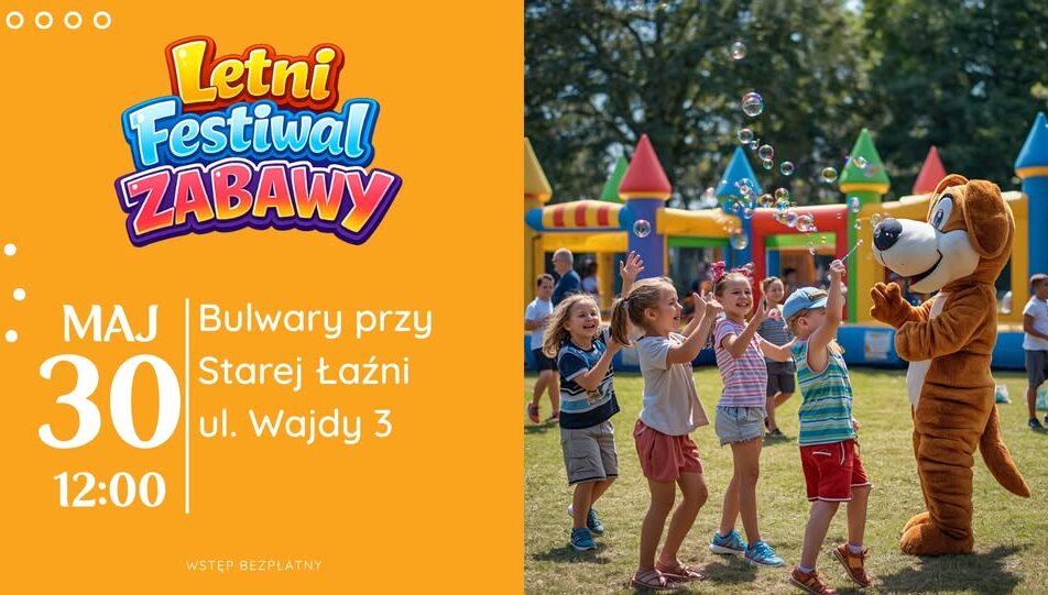 Plakat Letniego Festiwalu Zabawy w Suwałkach 2026 z informacjami o wydarzeniu dla dzieci i rodzin