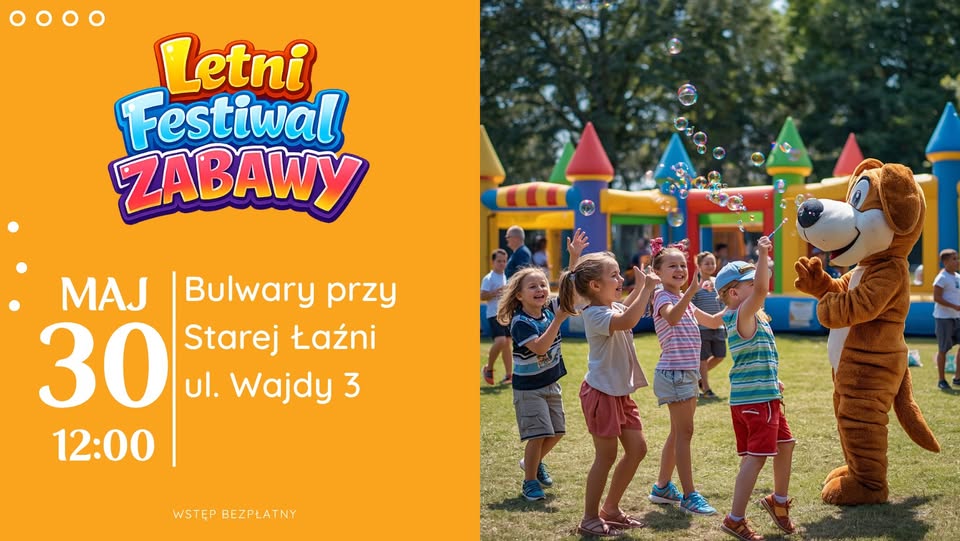 Plakat Letniego Festiwalu Zabawy w Suwałkach 2026 z informacjami o wydarzeniu dla dzieci i rodzin