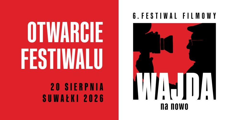 Plakat otwarcia 6. Festiwalu Filmowego Wajda na Nowo z informacją o rozmowie z Robertem Więckiewiczem i pokazie filmu „Wałęsa. Człowiek z nadziei”.