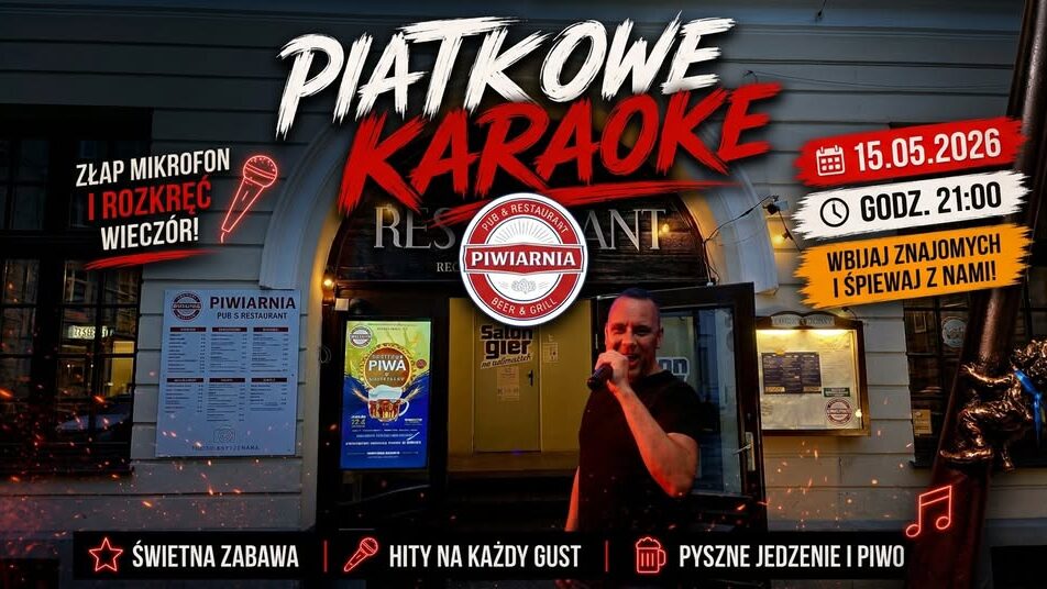 Plakat wydarzenia Piątkowe karaoke w Piwiarni z informacją o terminie i miejscu