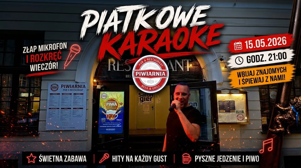 Plakat wydarzenia Piątkowe karaoke w Piwiarni z informacją o terminie i miejscu