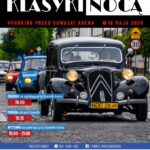 Plakat wydarzenia Suwalskie Klasyki Nocą 2026 z informacją o paradzie i wystawie pojazdów klasycznych