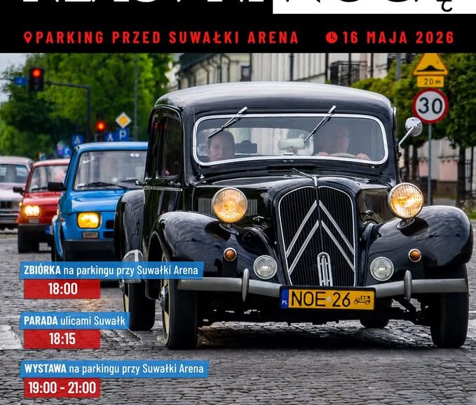 Plakat wydarzenia Suwalskie Klasyki Nocą 2026 z informacją o paradzie i wystawie pojazdów klasycznych