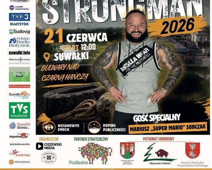 Plakat informujący o Amatorskich Zawodach Strongman w Suwałkach