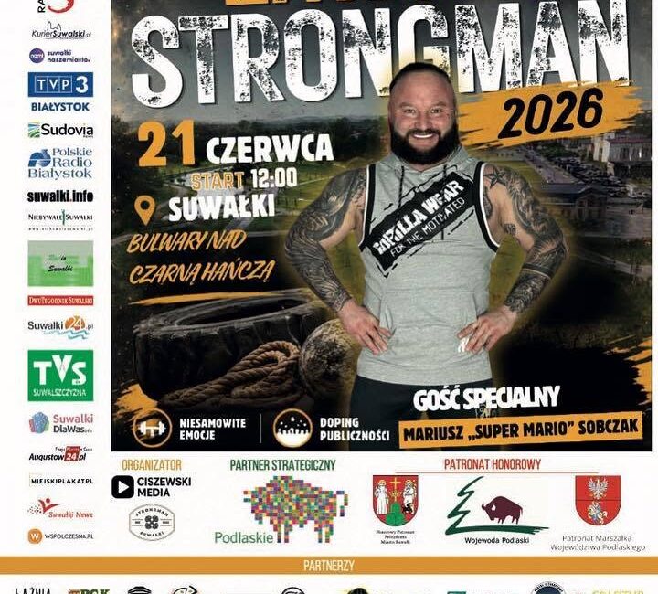 Plakat informujący o Amatorskich Zawodach Strongman w Suwałkach