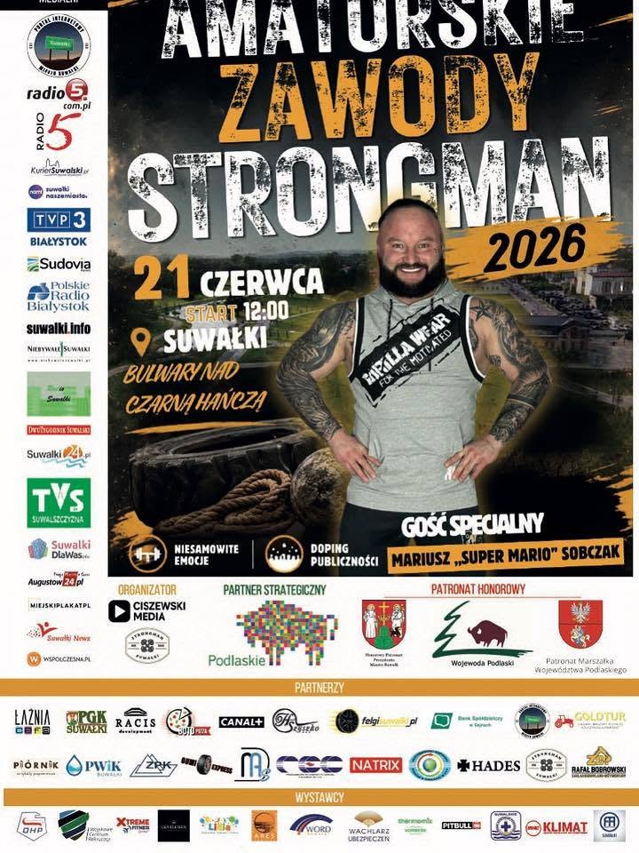 Co można robić w niedzielę 21 czerwca w Suwałkach? Plakat informujący o Amatorskich Zawodach Strongman w Suwałkach