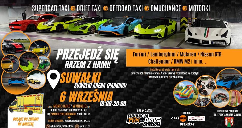 Plakat wydarzenia motoryzacyjno-charytatywnego z nazwami sportowych samochodów w Suwałkach