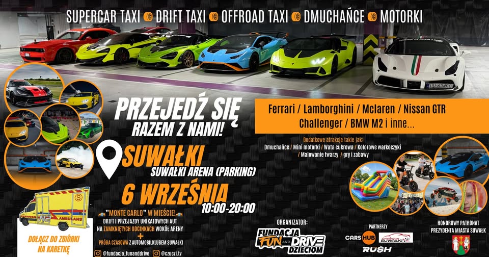 Charytatywne przejazdy sportowymi autami w Suwałkach Plakat wydarzenia motoryzacyjno-charytatywnego z nazwami sportowych samochodów w Suwałkach