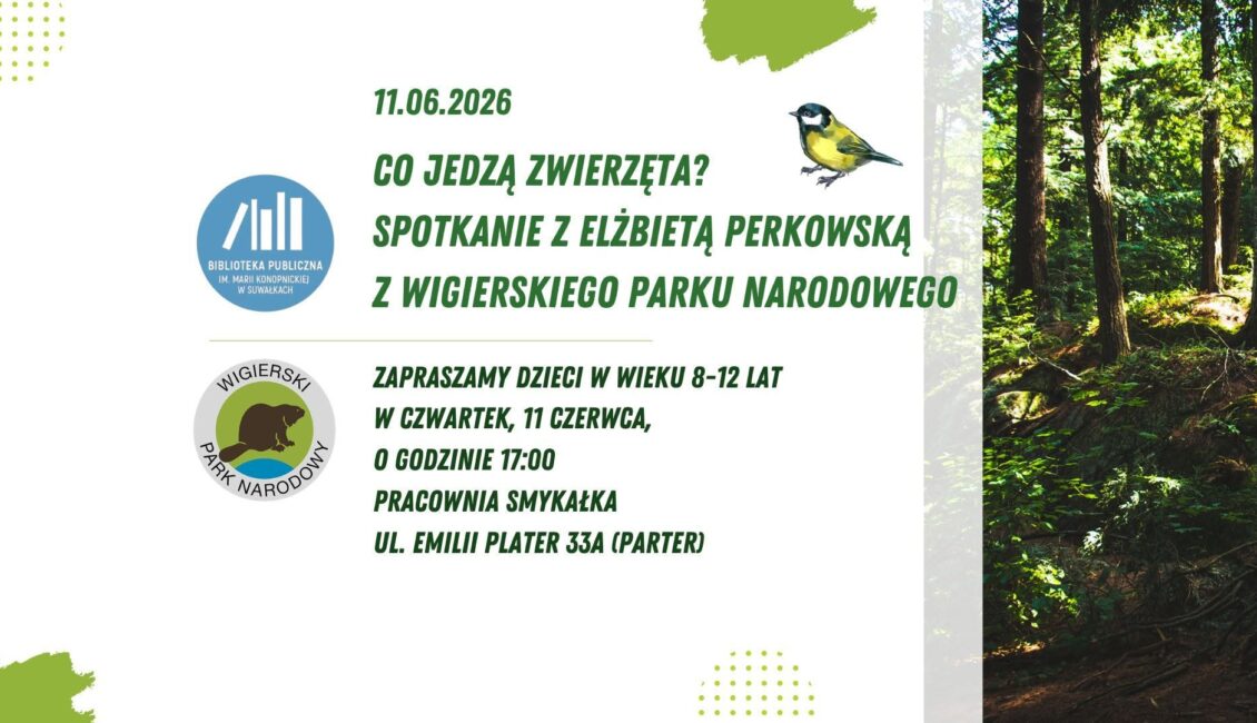 Co jedzą zwierzęta? Spotkanie z Elżbietą Perkowską z WPN Plakat spotkania Co jedzą zwierzęta? z informacją o Bibliotecznym Klubie Przyrodnika
