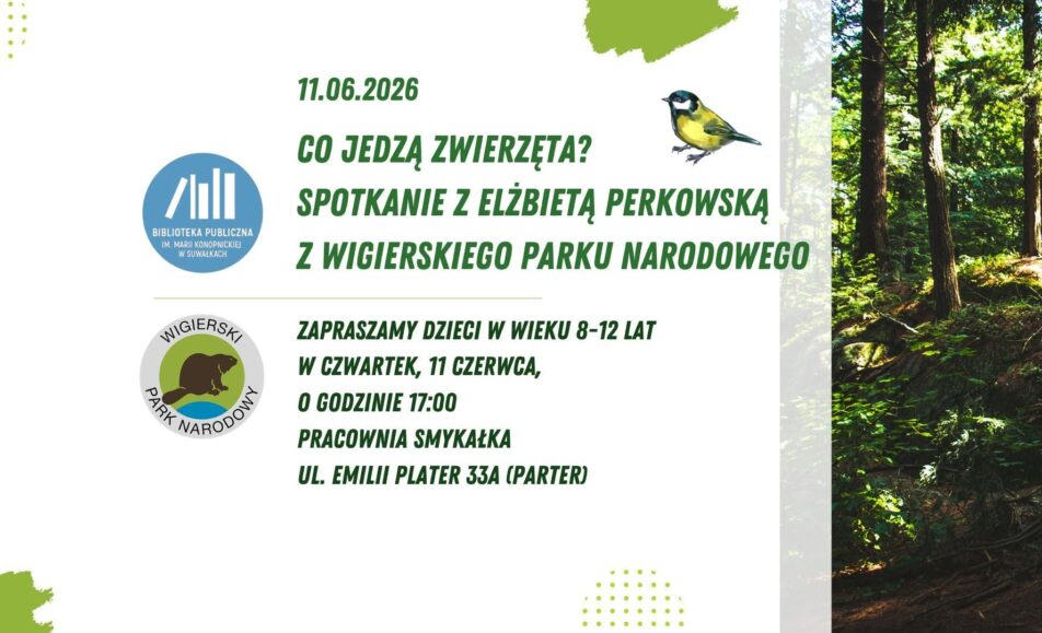 Co jedzą zwierzęta? Spotkanie z Elżbietą Perkowską z WPN Plakat spotkania Co jedzą zwierzęta? z informacją o Bibliotecznym Klubie Przyrodnika