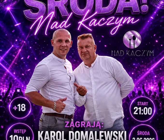 Plakat wydarzenia Dyskotekowa środa nad Kaczym z informacjami o terminie, miejscu i wykonawcach