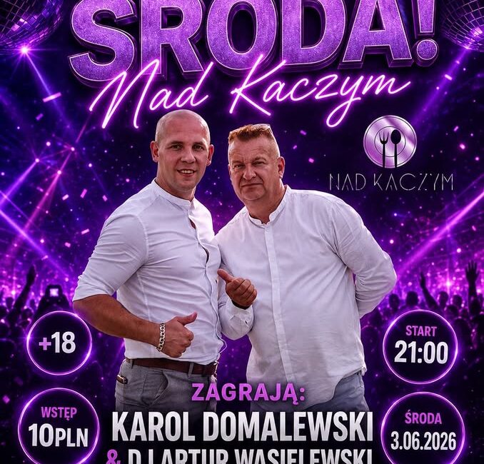 Plakat wydarzenia Dyskotekowa środa nad Kaczym z informacjami o terminie, miejscu i wykonawcach