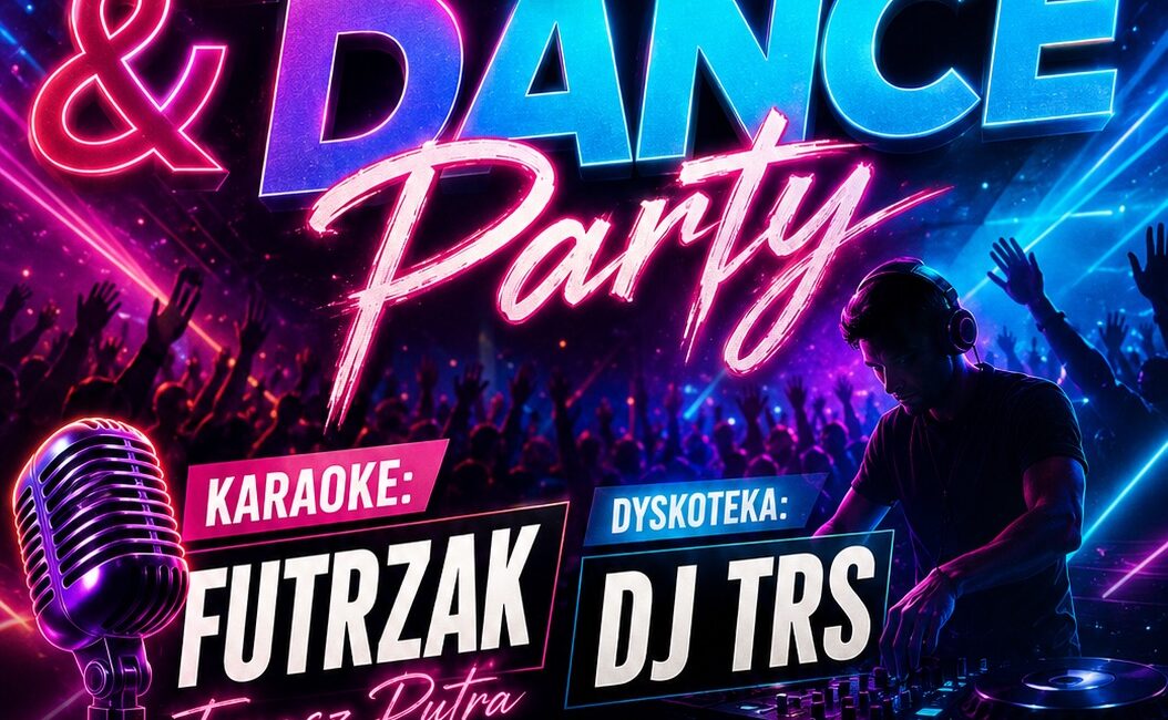 Plakat wydarzenia Karaoke & Dance Party Nad Kaczym z informacjami o terminie, miejscu i wykonawcach