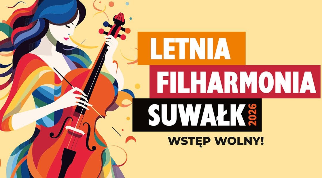Plakat Letniej Filharmonii Suwałk z informacją o koncercie plenerowym muzyki filmowej
