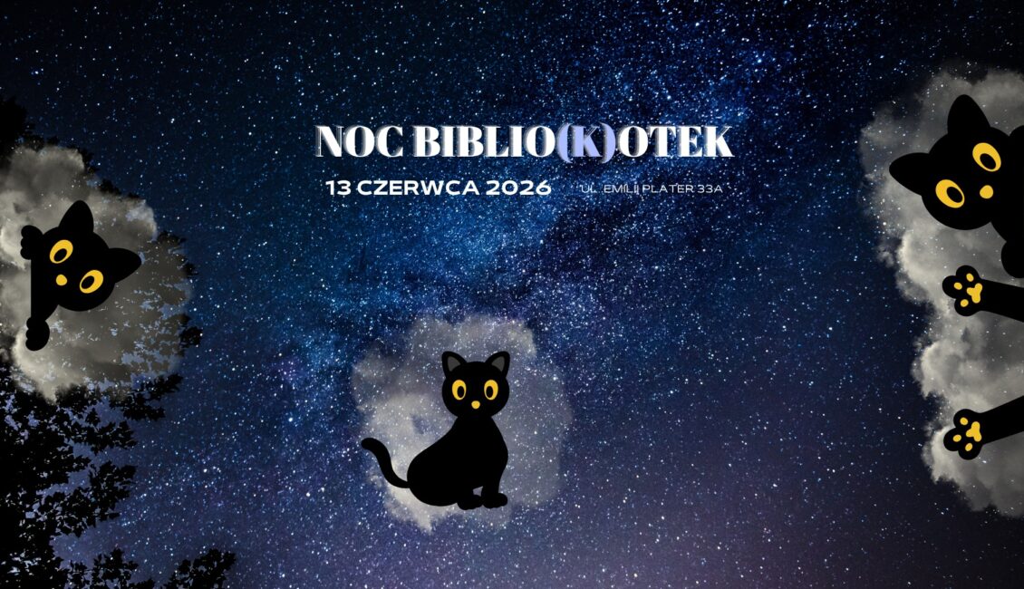 Plakat wydarzenia Noc Biblio(ko)tek 2026 z motywem kotów