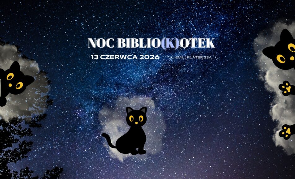 Plakat wydarzenia Noc Biblio(ko)tek 2026 z motywem kotów