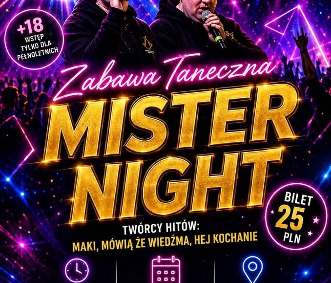 Plakat zabawy tanecznej z zespołem Mister Night w Suwałkach