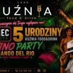 5. urodziny Kuźnia Food & Drink z Nando Del Rio Plakat 5. urodzin Kuźnia Food & Drink z informacją o Latino Party i występie Nando Del Rio.