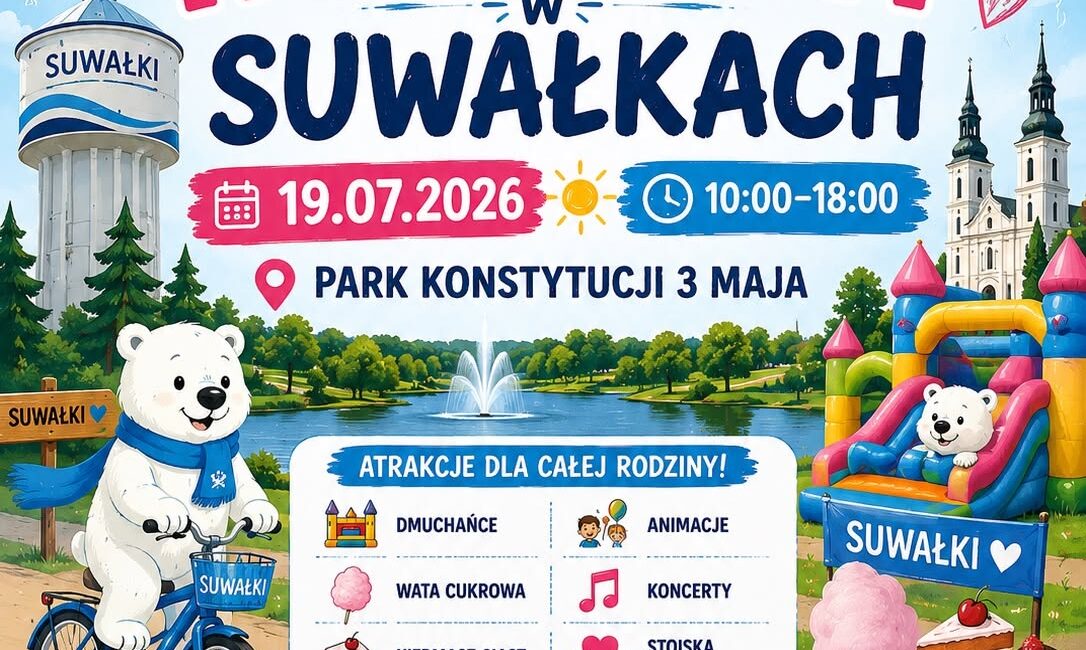 Plakat festynu rodzinnego w Suwałkach z motywem misia polarnego