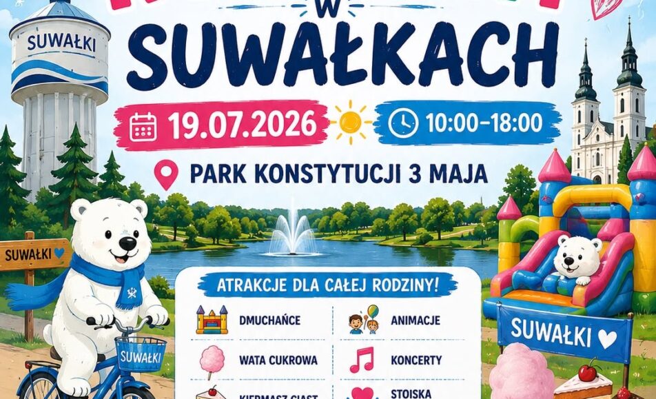 Festyn Rodzinny w Suwałkach 2026 Plakat festynu rodzinnego w Suwałkach z motywem misia polarnego