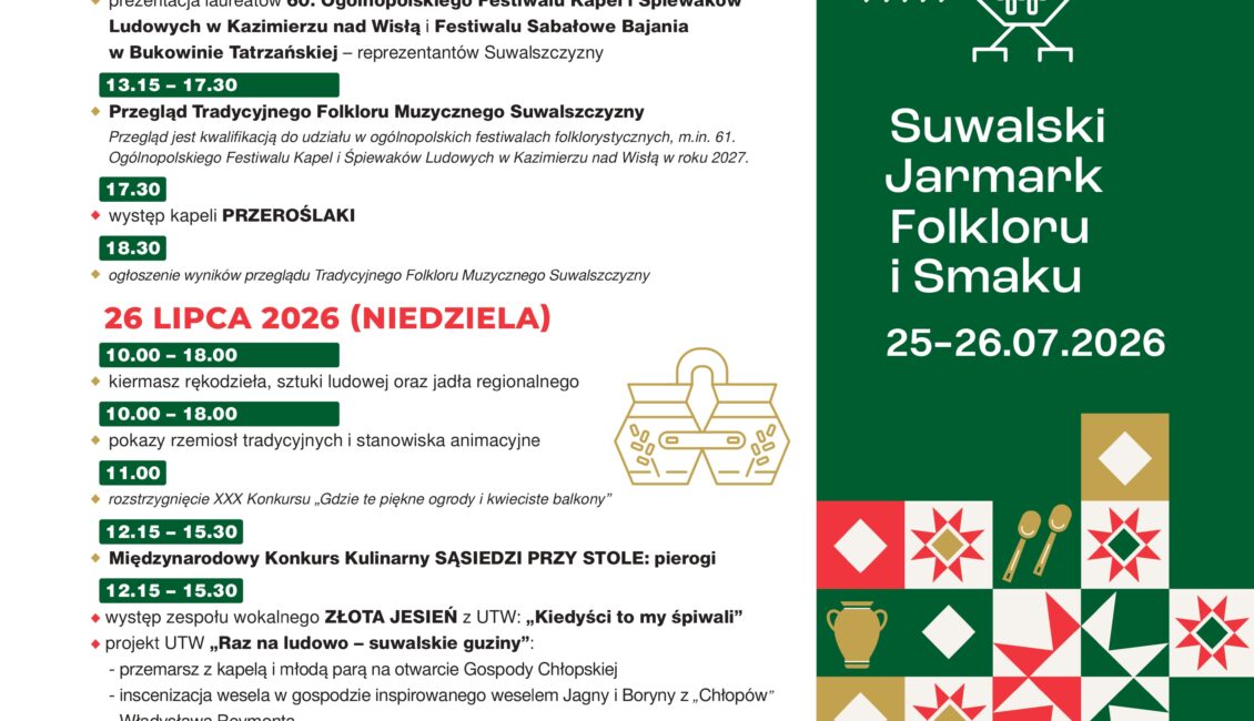 Nabory na Suwalski Jarmark Folkloru i Smaku 2026 trwają do 15 lipca