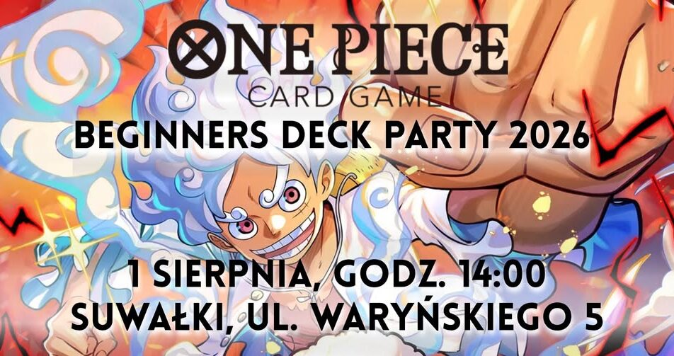 Plakat wydarzenia One Piece Beginners Deck Party 2026 dotyczącego turnieju karcianego w Suwałkach