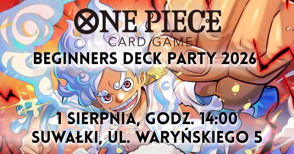 Plakat wydarzenia One Piece Beginners Deck Party 2026 dotyczącego turnieju karcianego w Suwałkach