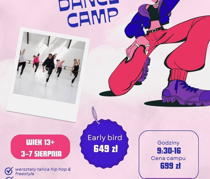 Plakat Summer Hip Hop Dance Camp 2026 z informacjami o wakacyjnym campie tanecznym
