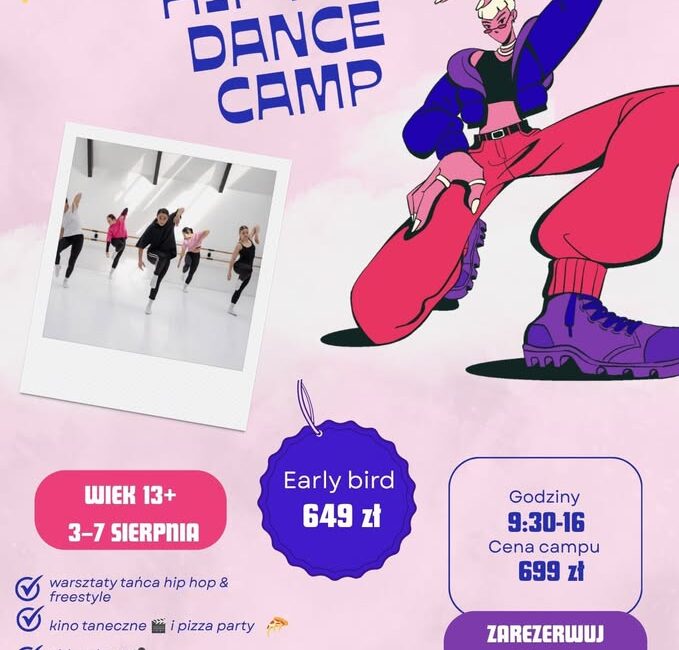 Plakat Summer Hip Hop Dance Camp 2026 z informacjami o wakacyjnym campie tanecznym