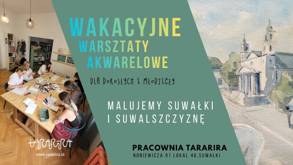 Plakat warsztatów akwarelowych inspirowanych krajobrazami Suwalszczyzny
