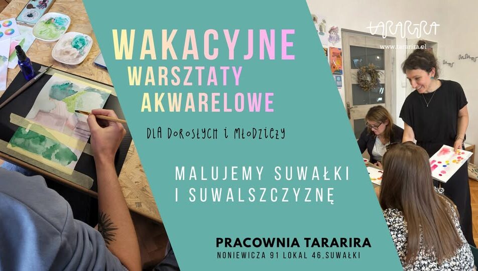 Warsztaty malowania Suwalszczyzny – akwarelowe pocztówki z wakacji Plakat warsztatów akwarelowych inspirowanych krajobrazami Suwalszczyzny