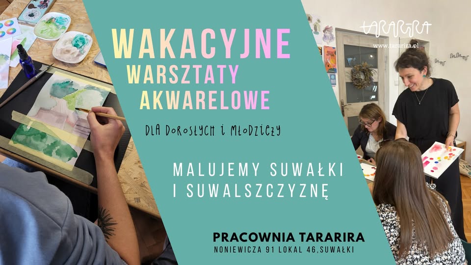 Plakat warsztatów akwarelowych inspirowanych krajobrazami Suwalszczyzny