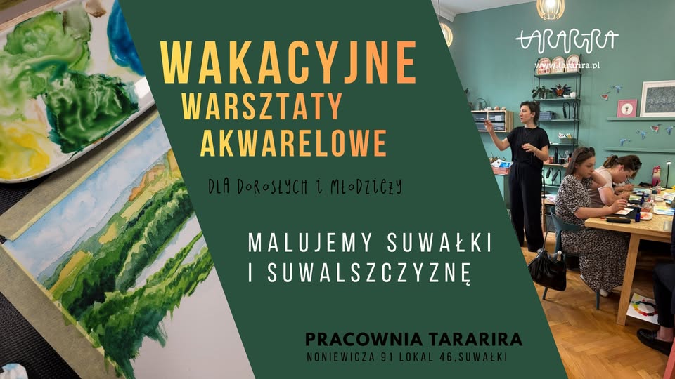 Warsztaty malowania Suwalszczyzny – akwarelowe pocztówki z wakacji Plakat warsztatów malowania akwarelowych pocztówek inspirowanych Suwalszczyzną
