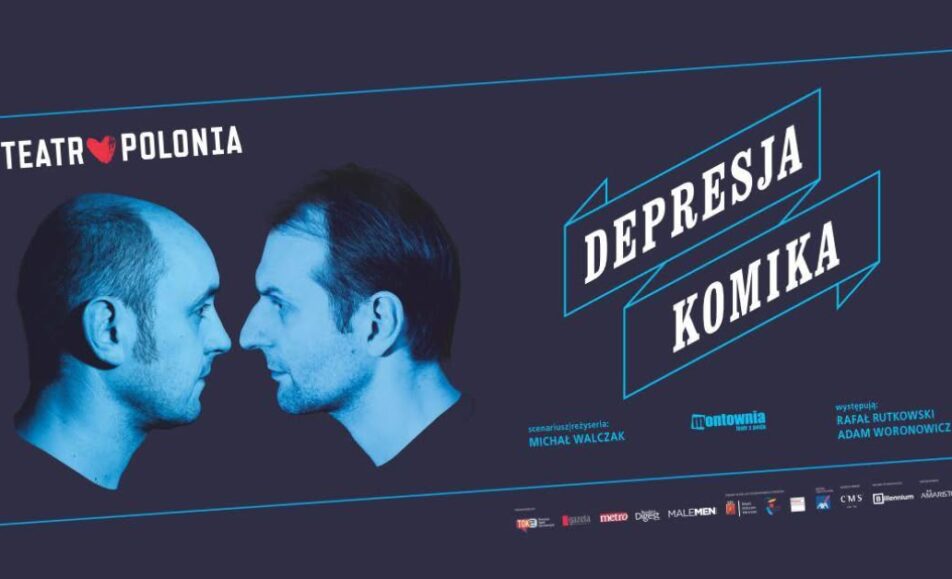 Plakat spektaklu Depresja komika z nazwiskami Adama Woronowicza i Rafała Rutkowskiego