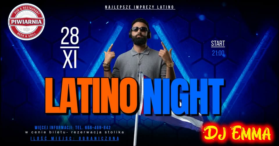 Plakat wydarzenia Latino Andrzejki w Piwiarni z informacjami o dacie, miejscu, DJ-u i biletach