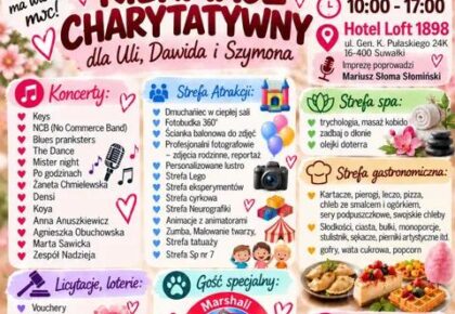Kiermasz charytatywny dla Uli, Dawida i Szymona w Suwałkach Plakat zapowiadający kiermasz charytatywny dla Uli, Dawida i Szymona 8 listopada 2026 roku w Suwałkach