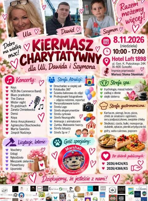 Plakat zapowiadający kiermasz charytatywny dla Uli, Dawida i Szymona 8 listopada 2026 roku w Suwałkach